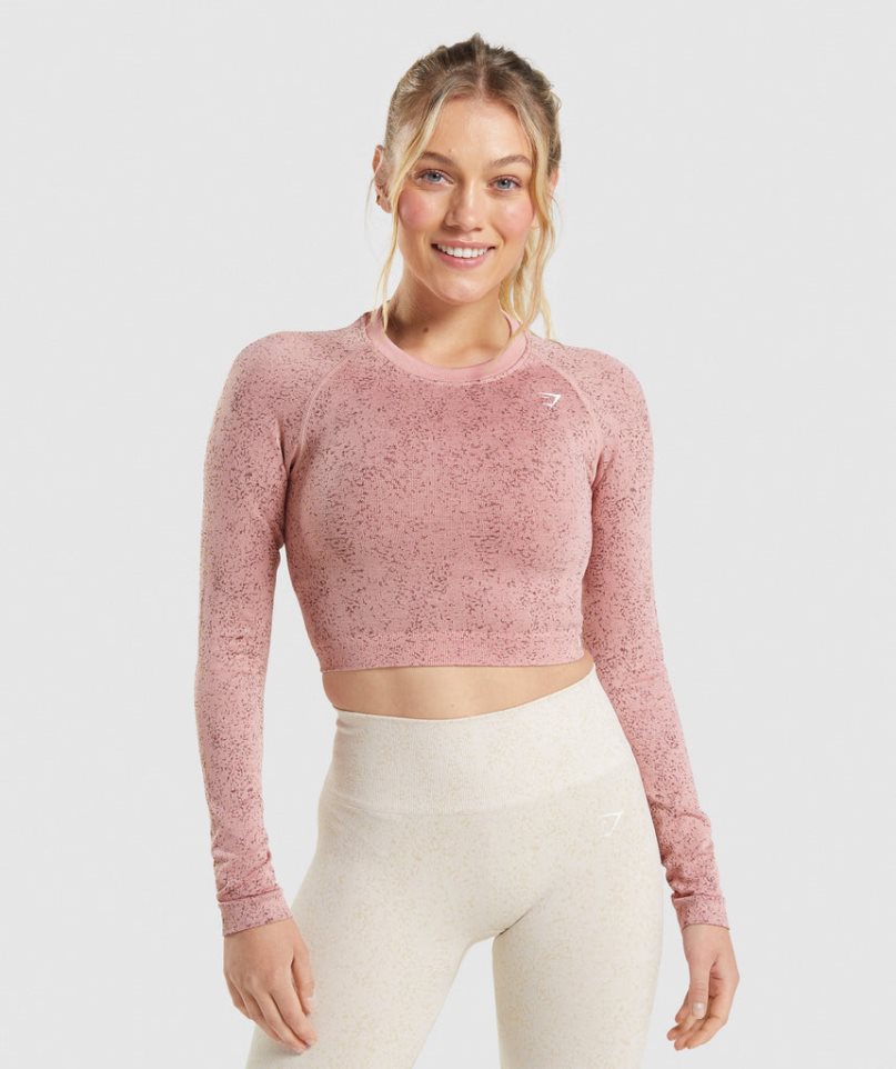 Women\'s Gymshark Adapt Fleck Seamless Long Sleeve Cropped Tops Pink | NZ 8SXOLQ